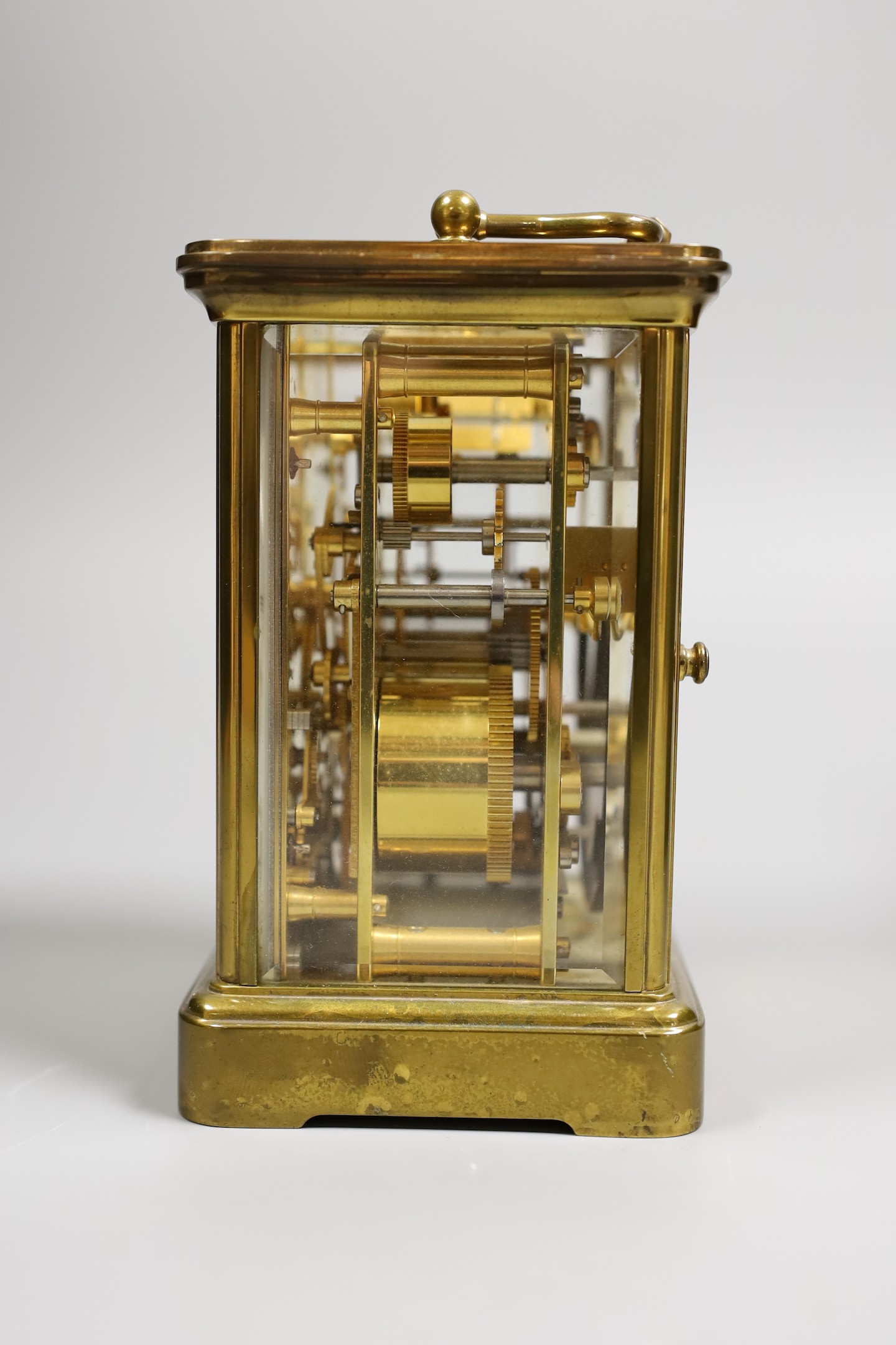 Matthew Norman brass carriage calendar clock and case, 13 cms high not including box